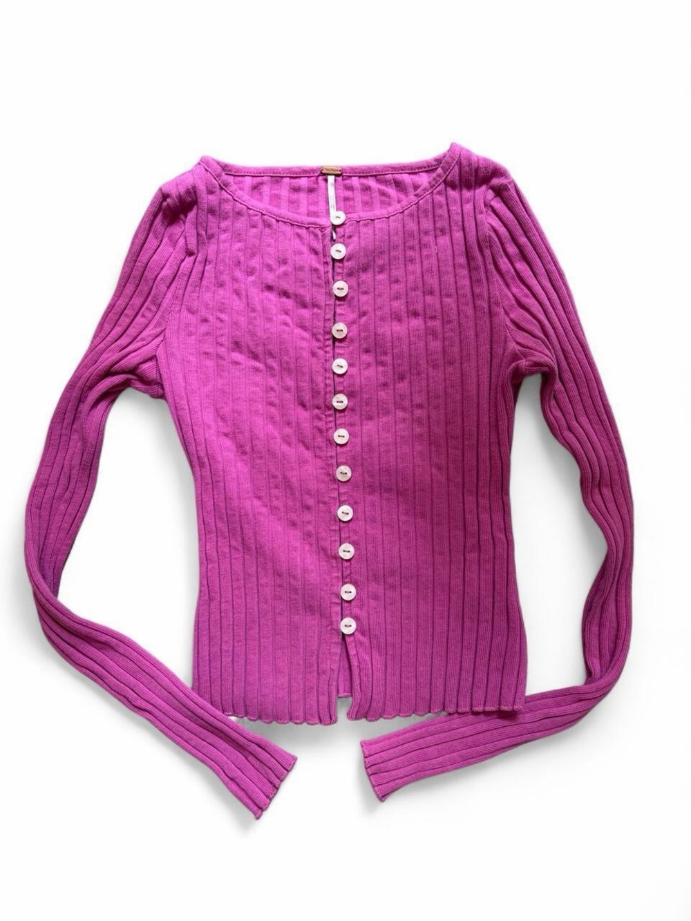 Free People Magenta Ribbed Button-Front Cardigan
